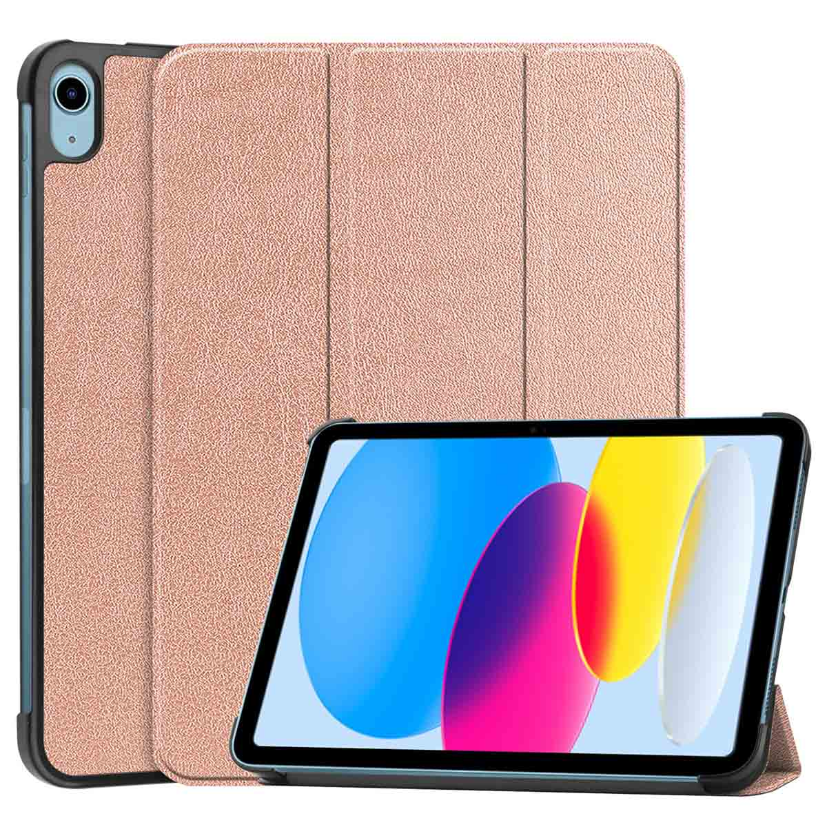 Tablet in een roségouden hoes, gedeeltelijk open, toont het scherm en een andere gesloten hoes op de achtergrond.