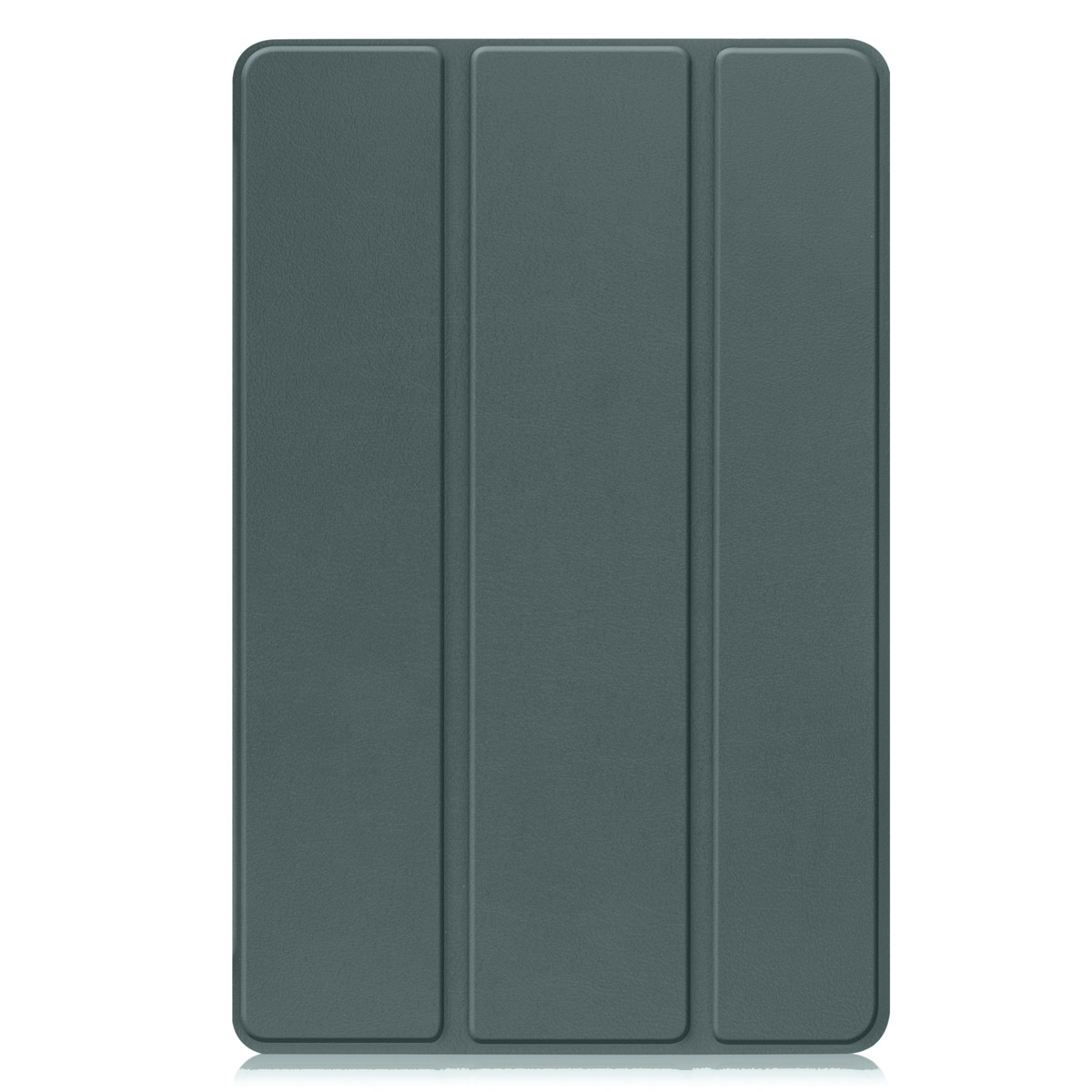 Closed tablet case, dark grey, with three vertical sections. Reflection at the bottom.