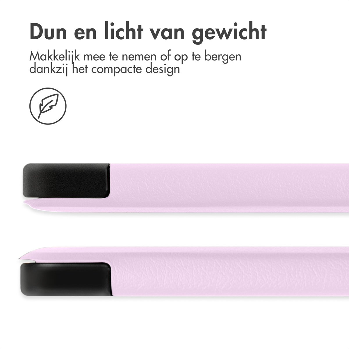 Close-up of a pink case with a black edge. White text and a leaf icon. White background.
