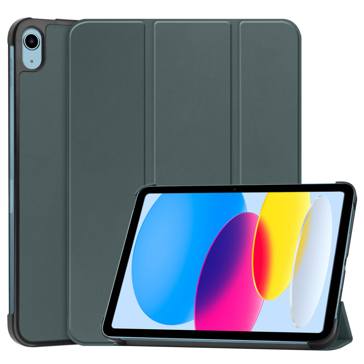 Tablet in een donkergroene hoes, weergegeven open en dicht. Het scherm toont een kleurrijke achtergrond.