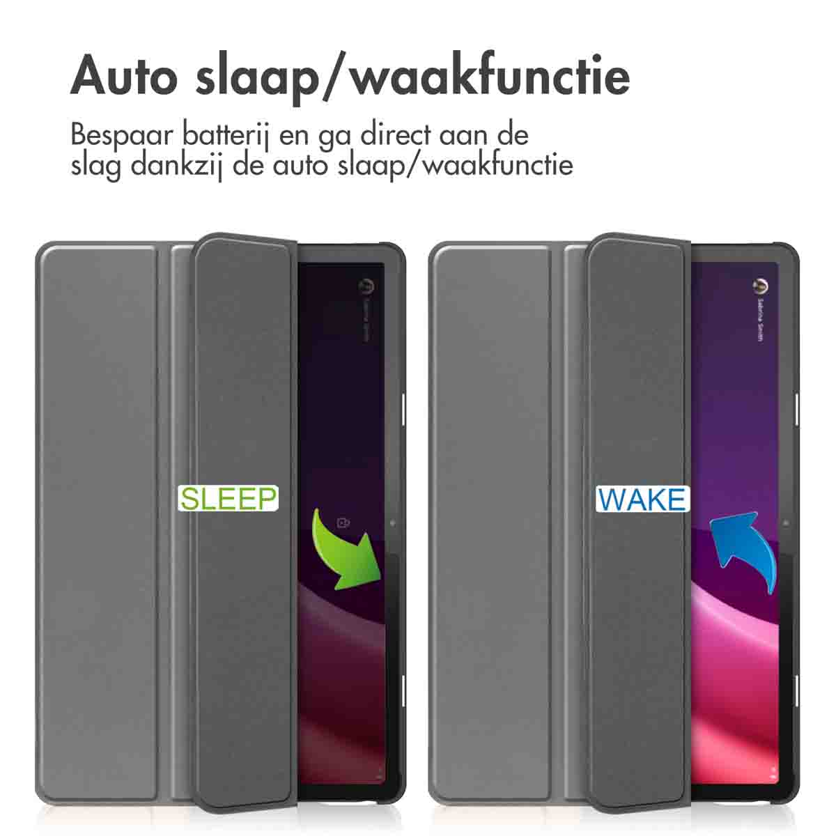 Two tablet cases with gray covers, showing 'Sleep' and 'Wake' functions on the screens.
