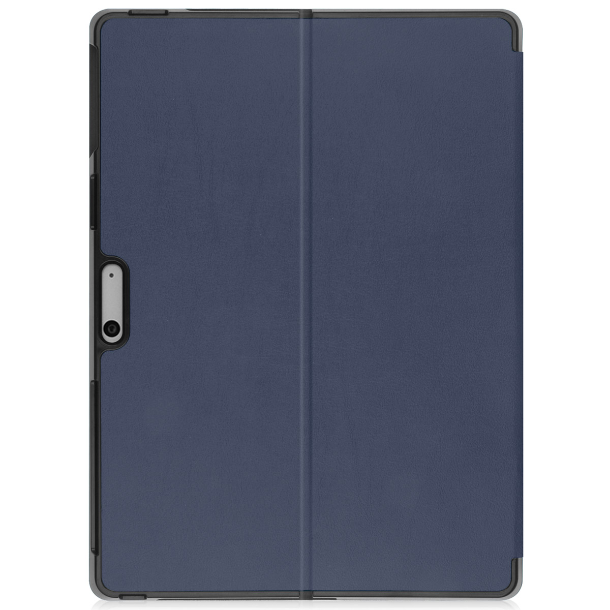 Closed tablet case, navy blue, front view. Showing the side with buttons and a camera.