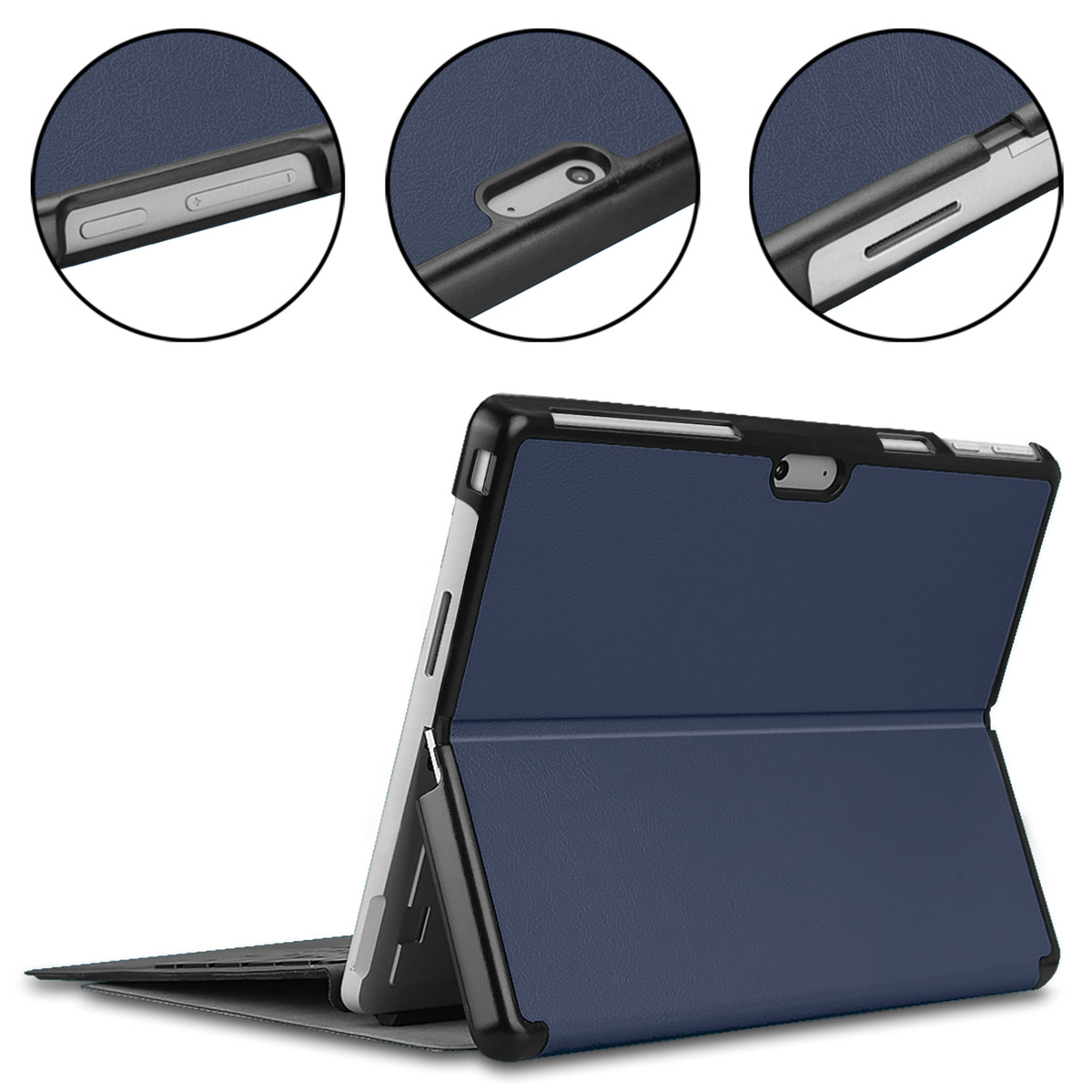 Navy blue tablet case, open. The tablet is white, details of the sides are zoomed.