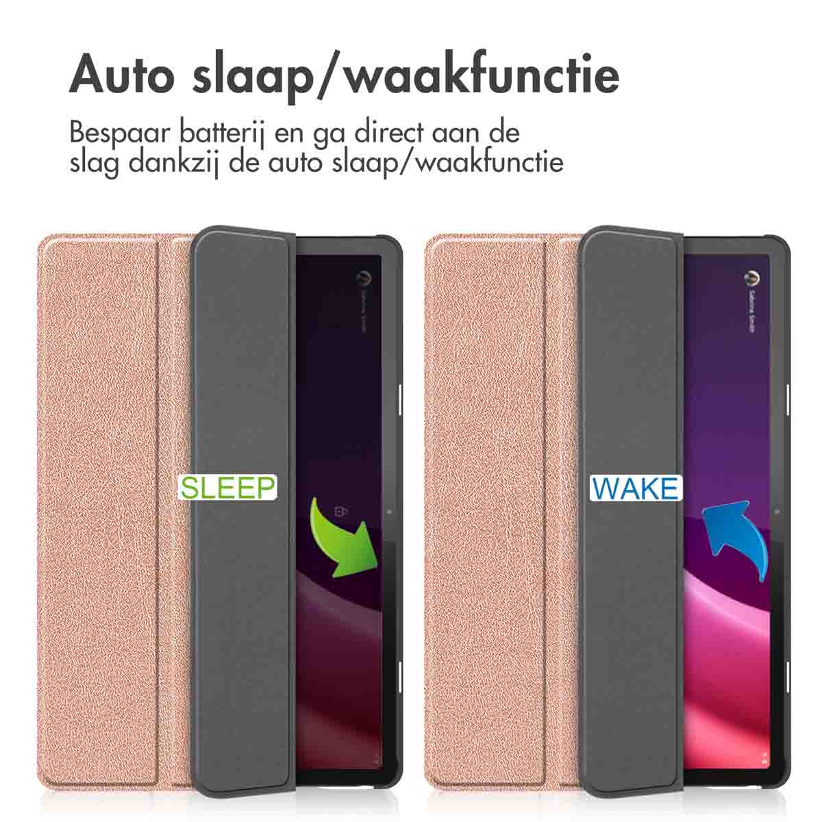 Two pink tablet cases, one open, one closed, with arrows and text indicating sleep/wake function.