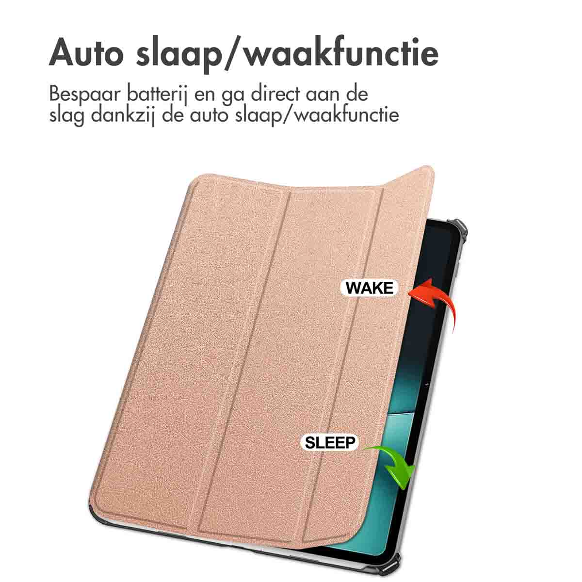 Een tablet in een hoes, getoond in slaap- en waakmodus, met bijbehorende pijlen die de actie aangeven.