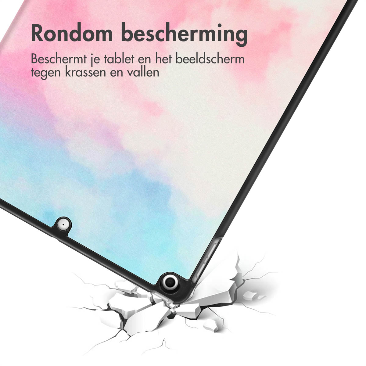 Custodia per tablet con design astratto rosa e blu, testo e crepe da impatto.