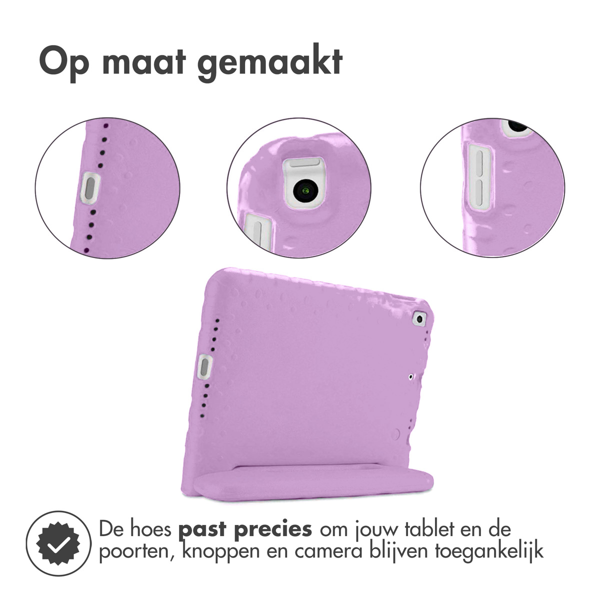 Paarse tablethoes met een standaard en uitsparingen voor camera en knoppen.