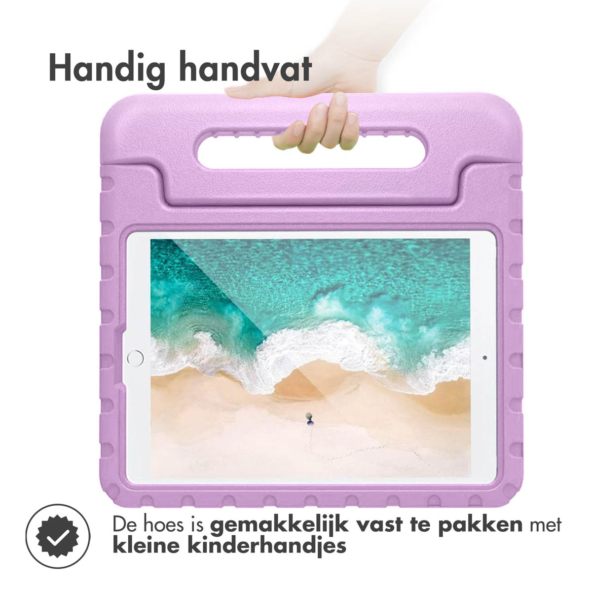 A light purple tablet case with a handle and a beach scene.