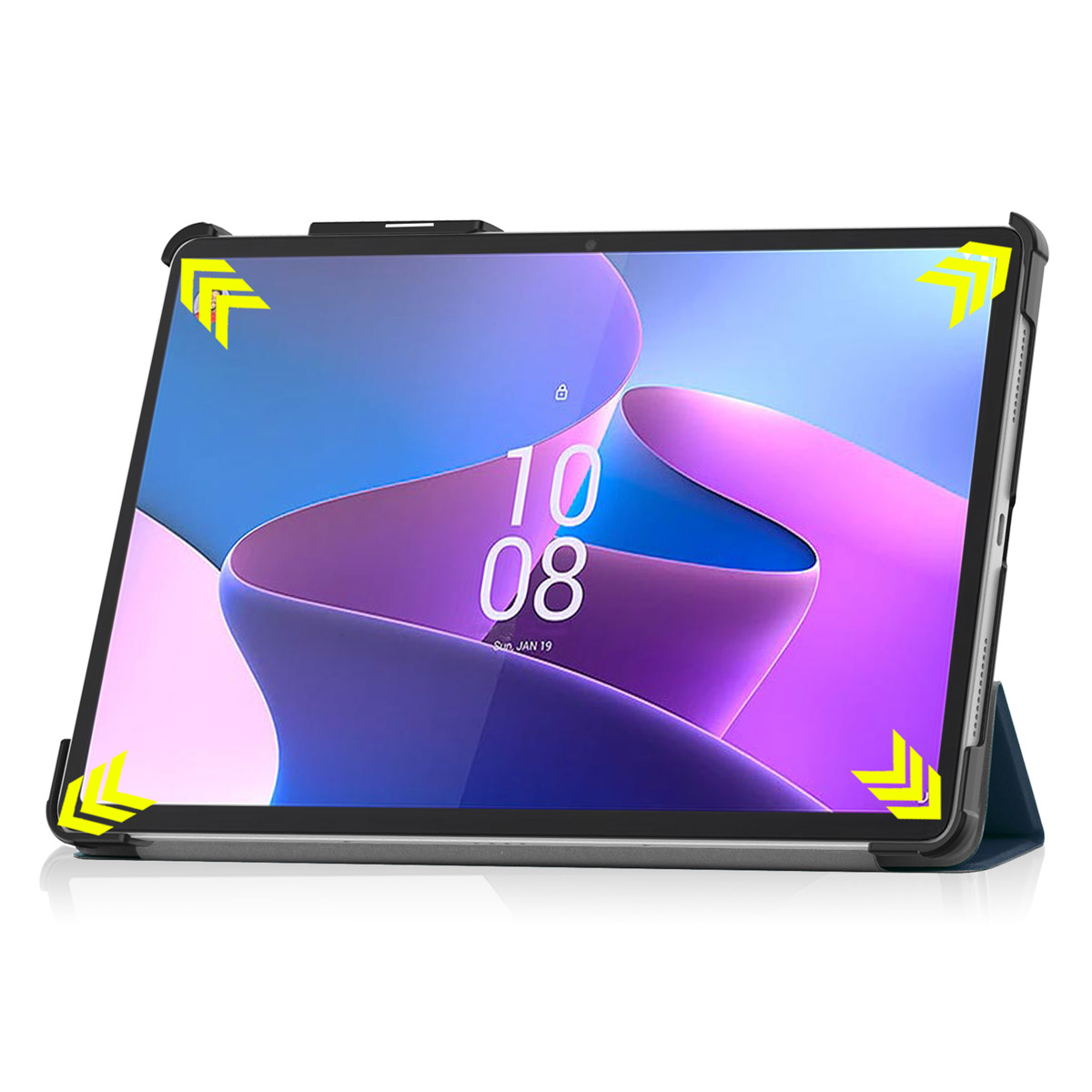 Tablet in een hoes, met het scherm met tijd en datum. Gele pijlen wijzen naar de hoeken.