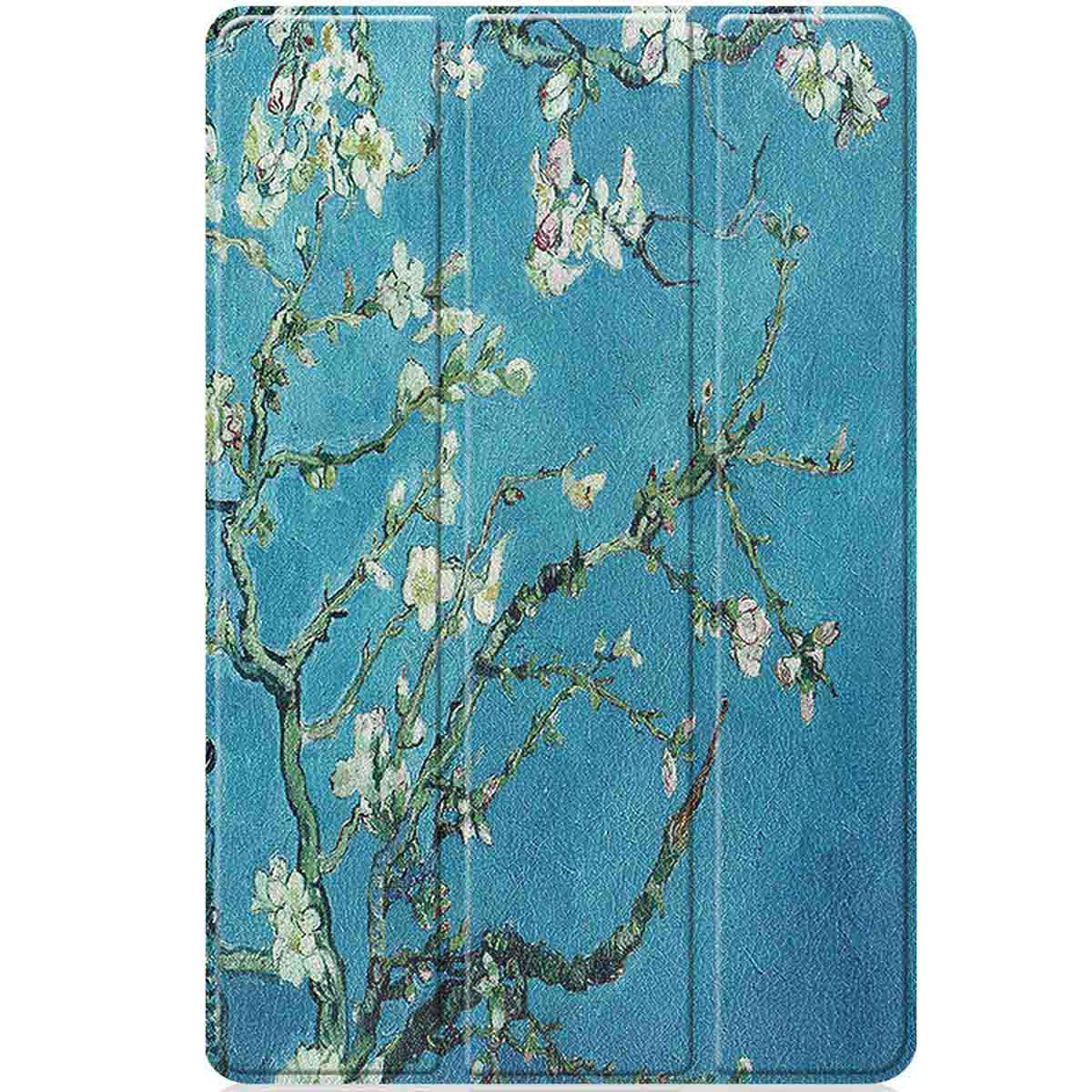 Tablet case with a floral design, reminiscent of Van Gogh's 'Almond Blossom,' on a blue backdrop.