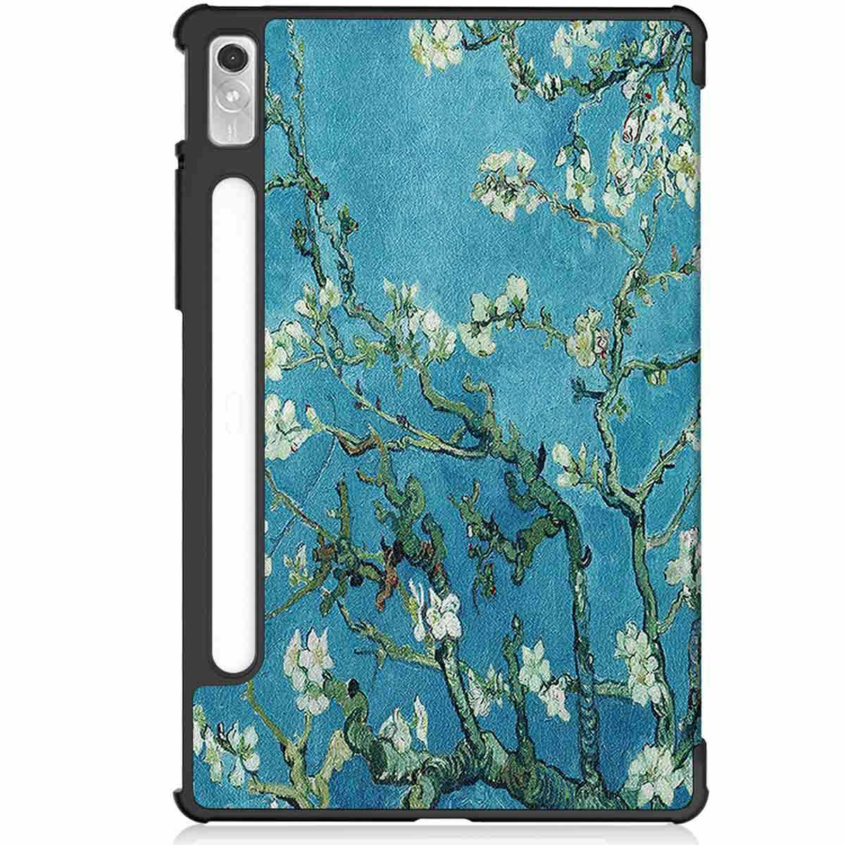 Tablet case with a floral art design, blue background, white flowers, and black trim.