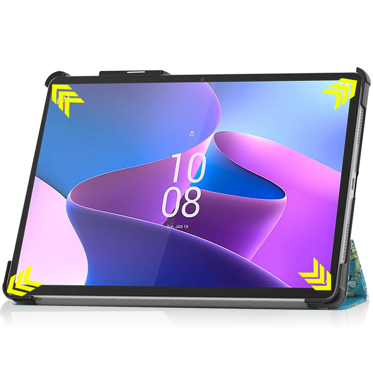 Tablet in a protective case with arrows marking the corners. The screen displays time and icons.