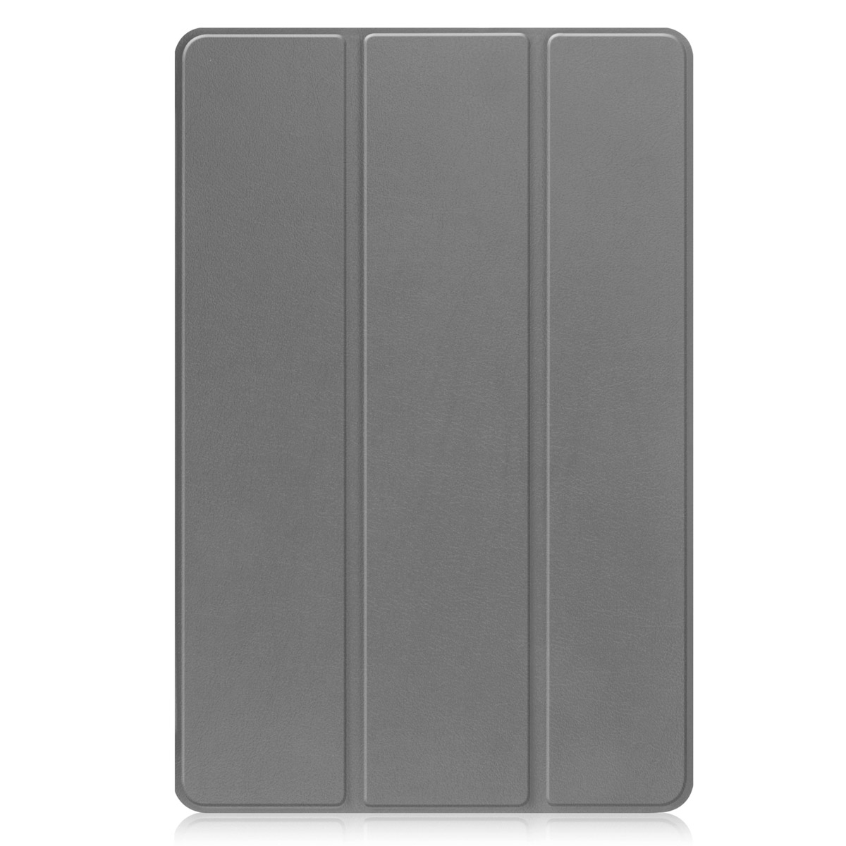 Gesloten grijze tablethoes met drie verticale panelen.