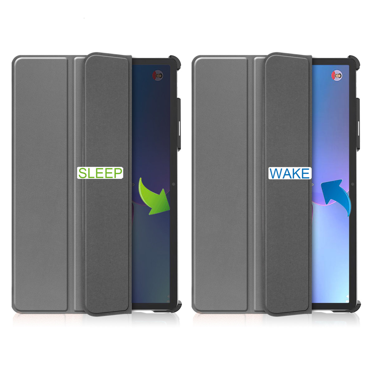 Twee smartphones, een met 'SLEEP' en groene pijl, de ander met 'WAKE' en blauwe pijl, tonen schermtoestanden.