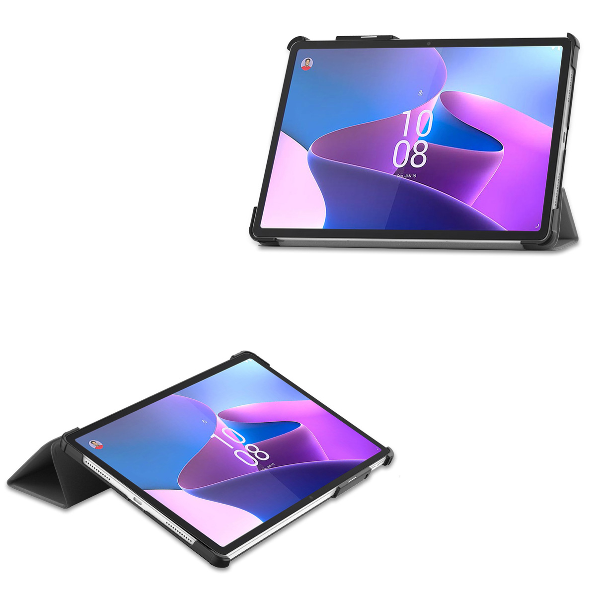 Twee tablets in zwarte hoesjes. Eén staat rechtop. Het scherm toont een kleurrijke afbeelding. Beide op een wit oppervlak.