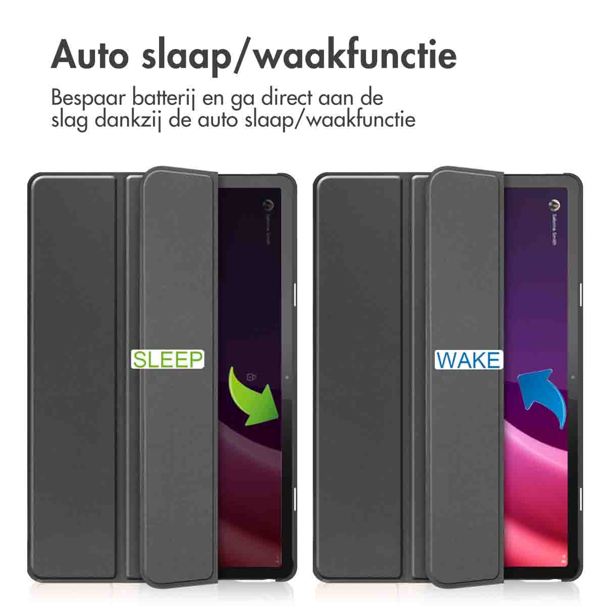 Two tablets in dark grey cases, showing sleep and wake modes, with arrows indicating the action.