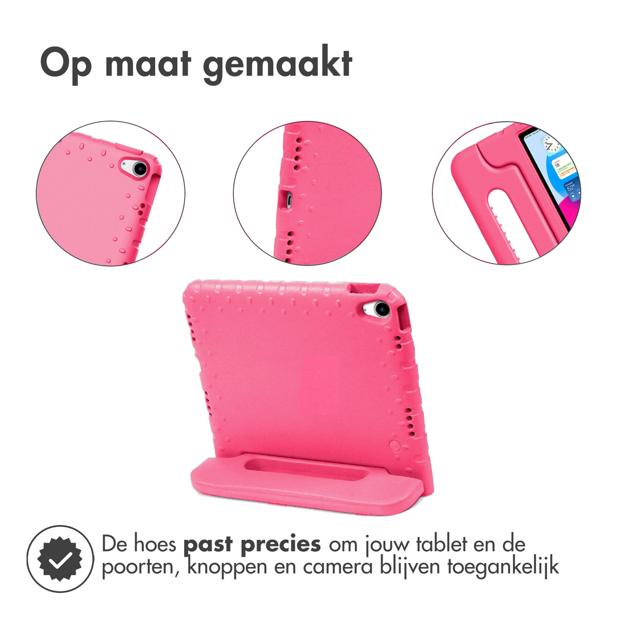 Pink tablet case. Features: side view, ports, and a stand. Black checkmark at the bottom.