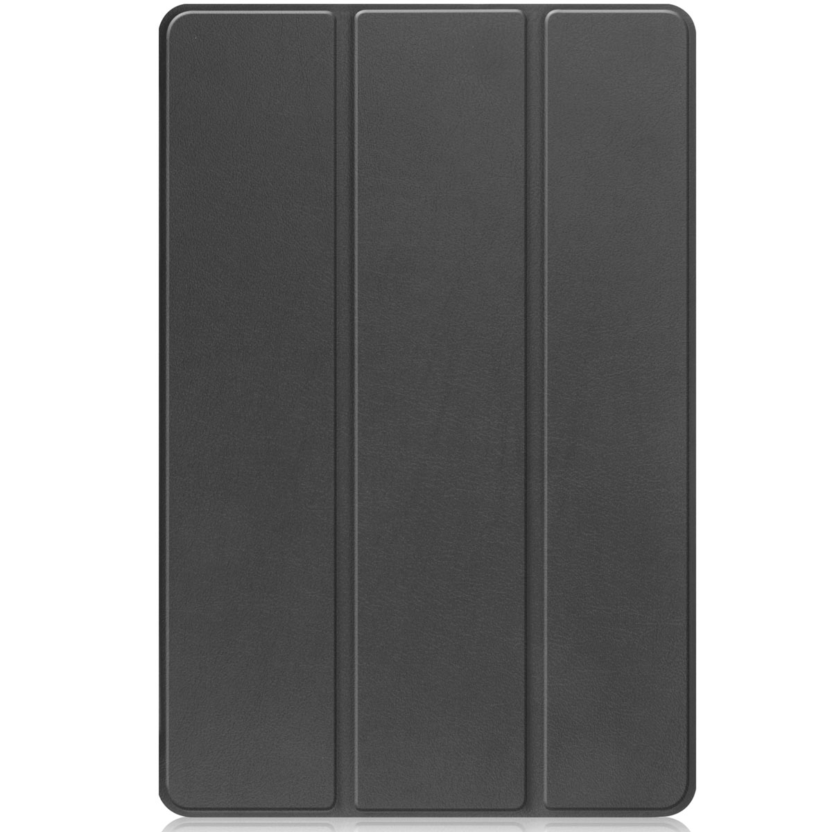 Gesloten grijze tablethoes met drie verticale panelen.