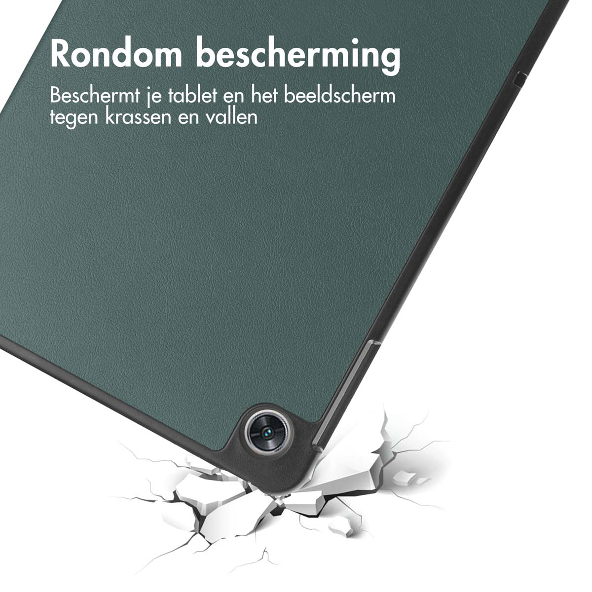Tablet in een hoesje, zijaanzicht met camera. De hoes ligt op de grond en is gebarsten.