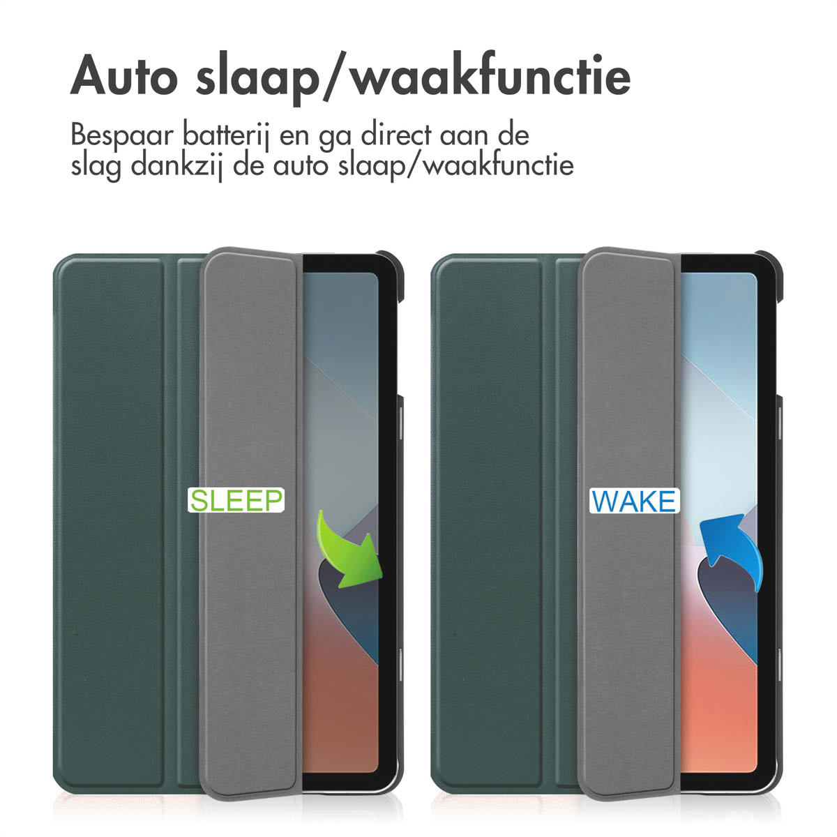 Tablethoes met groene cover. De 'SLEEP' en 'WAKE' labels zijn zichtbaar. Tablet is open.