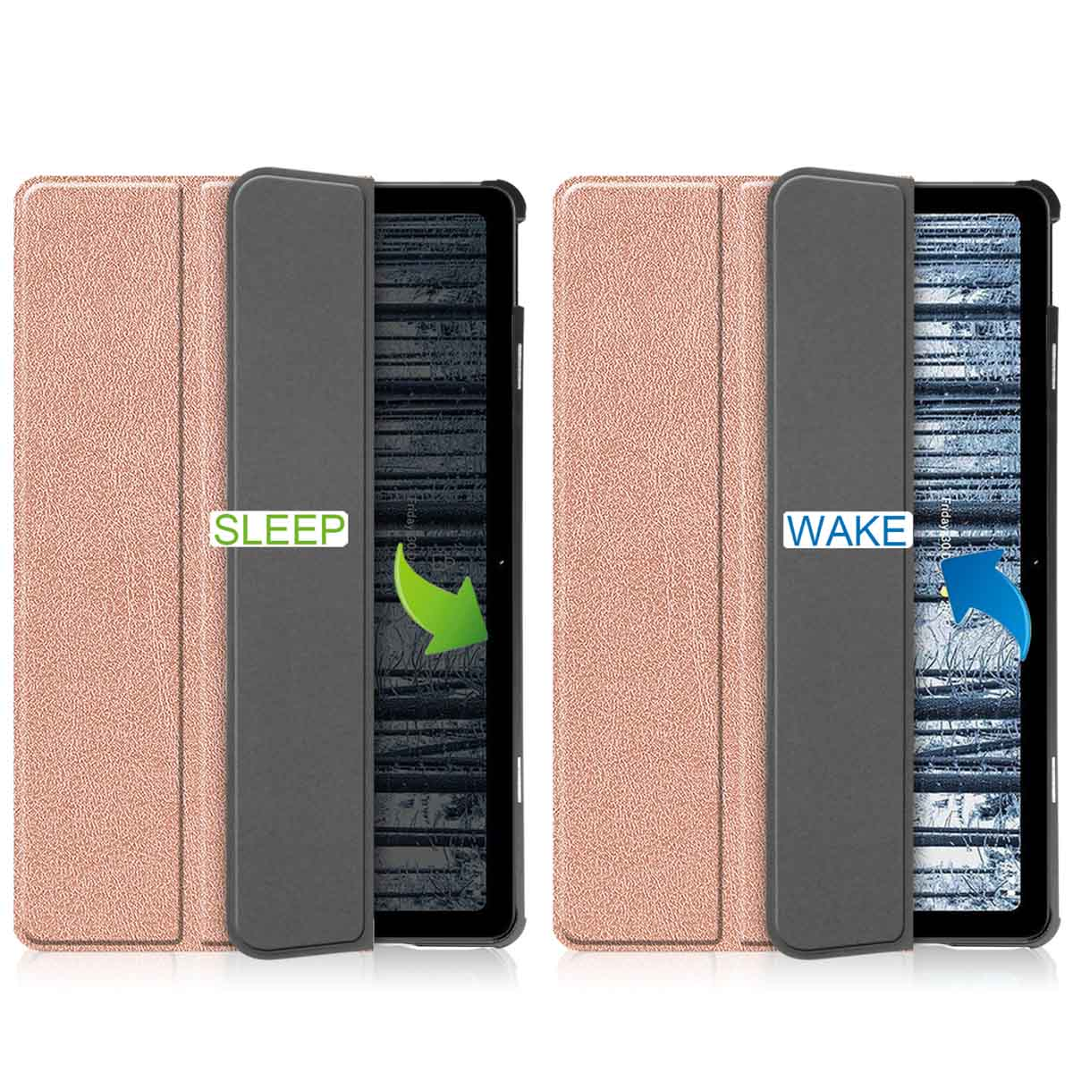 Tablet case showing sleep/wake function. Closed rose gold cover shows 'SLEEP', and open shows tablet.
