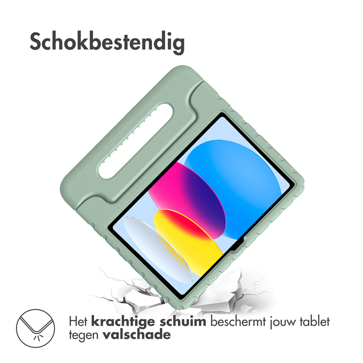 Green shock-resistant tablet case angled, with tablet screen visible, and text above.