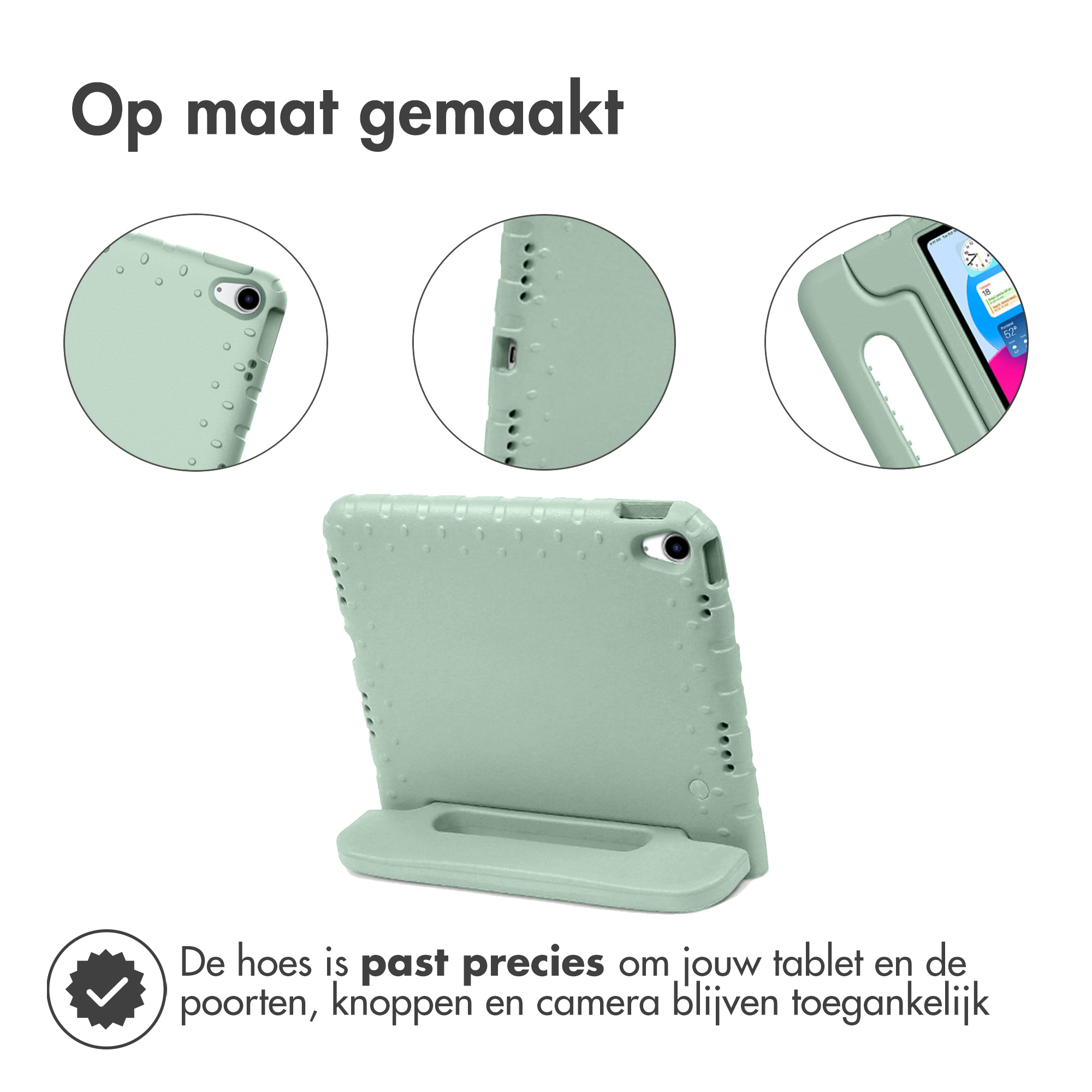 A green tablet case in parts. A tablet is in the case. Text is at the bottom.