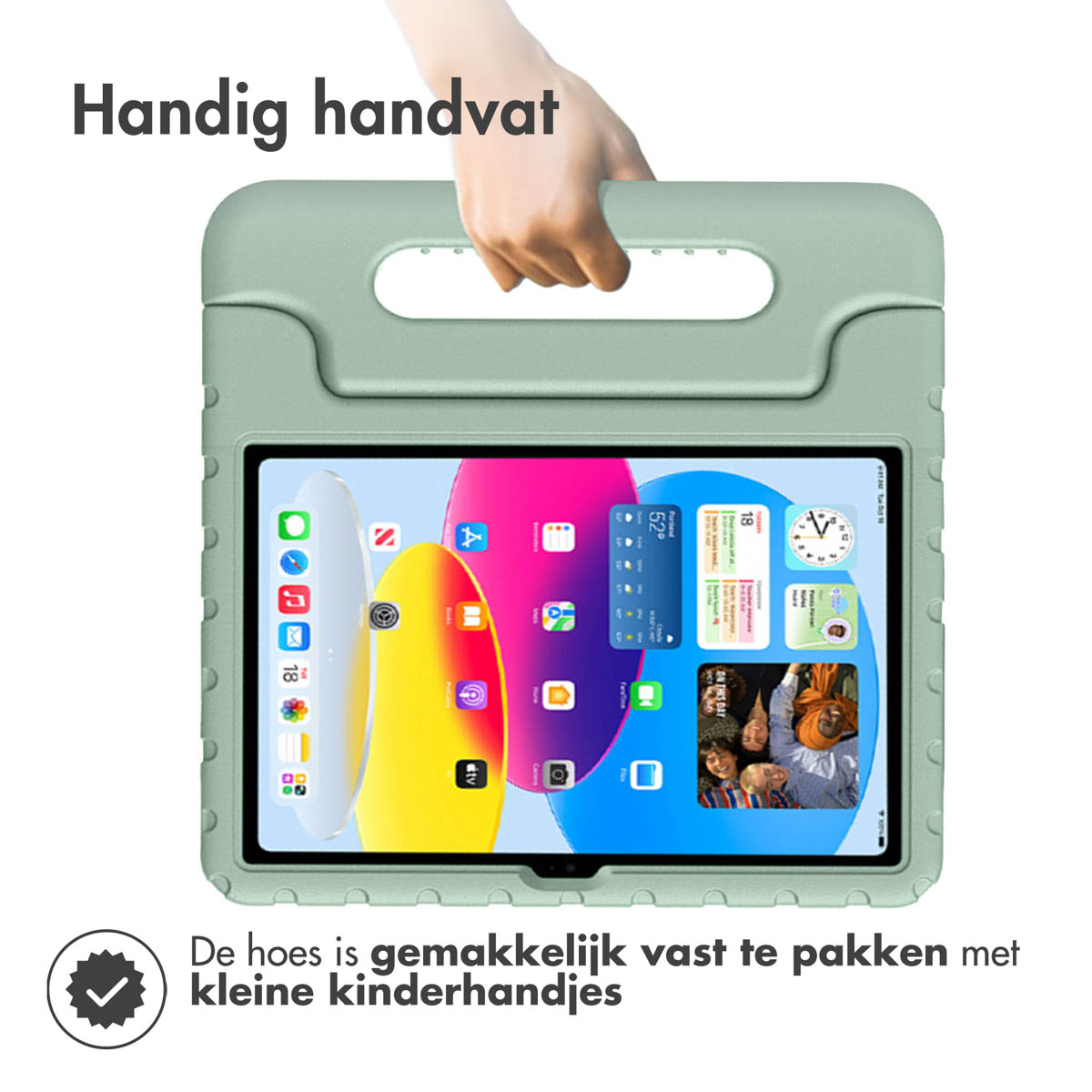 Green tablet case with a handle.  Tablet screen shows icons.  A hand is holding the handle.