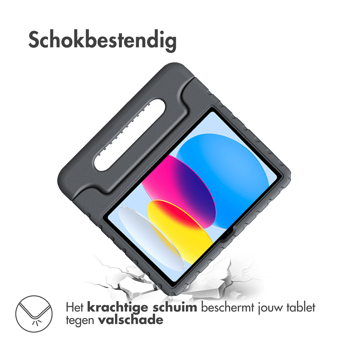 Black shock-resistant tablet case angled, with tablet screen visible, and text above.