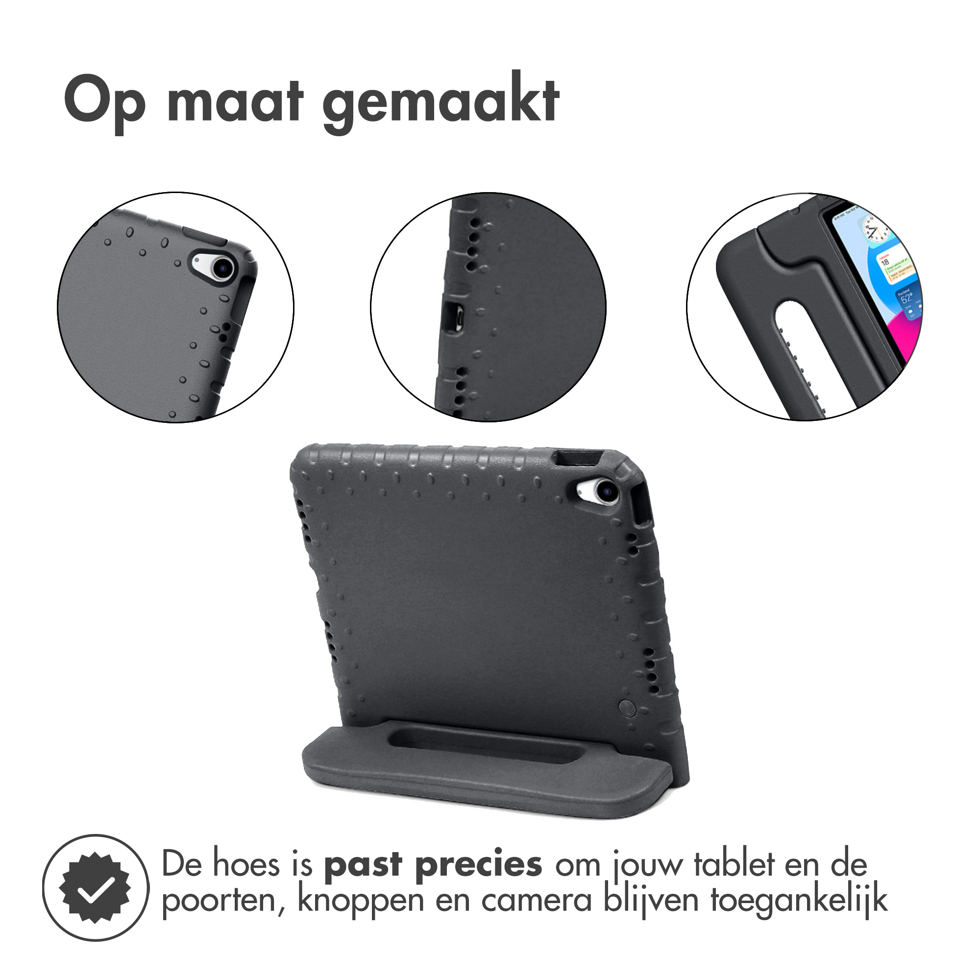 Dark grey tablet case with stand and cutouts. Text: custom-made. Ports, buttons, and camera accessible.