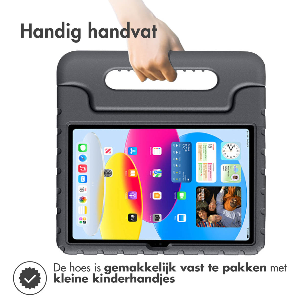 Tablet case with a handle, a hand holding it. Tablet shows app icons.