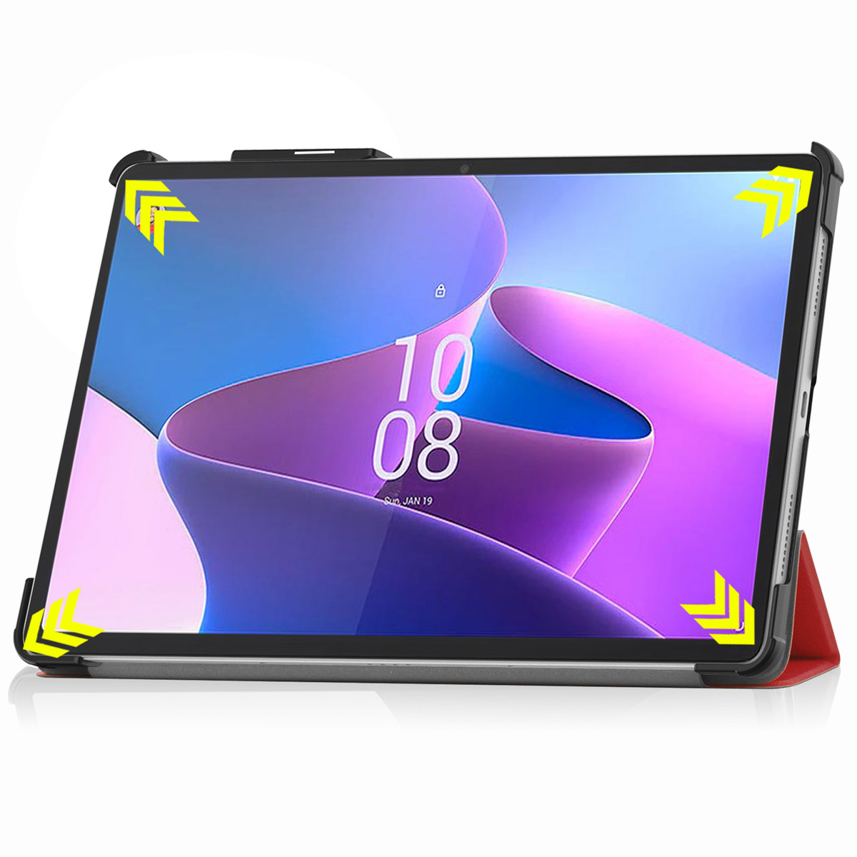 Tablet in een hoes met beschermende hoeken. Het scherm toont datum en tijd. Gele pijlen markeren hoeken.