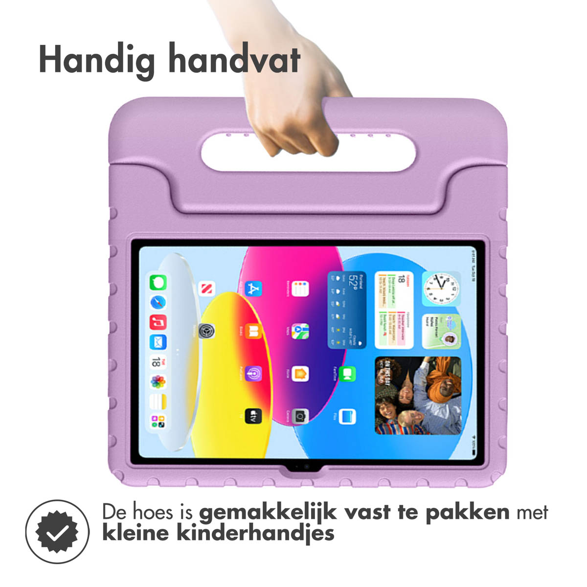 Purple tablet case with handle, holding a tablet displaying a colorful interface.