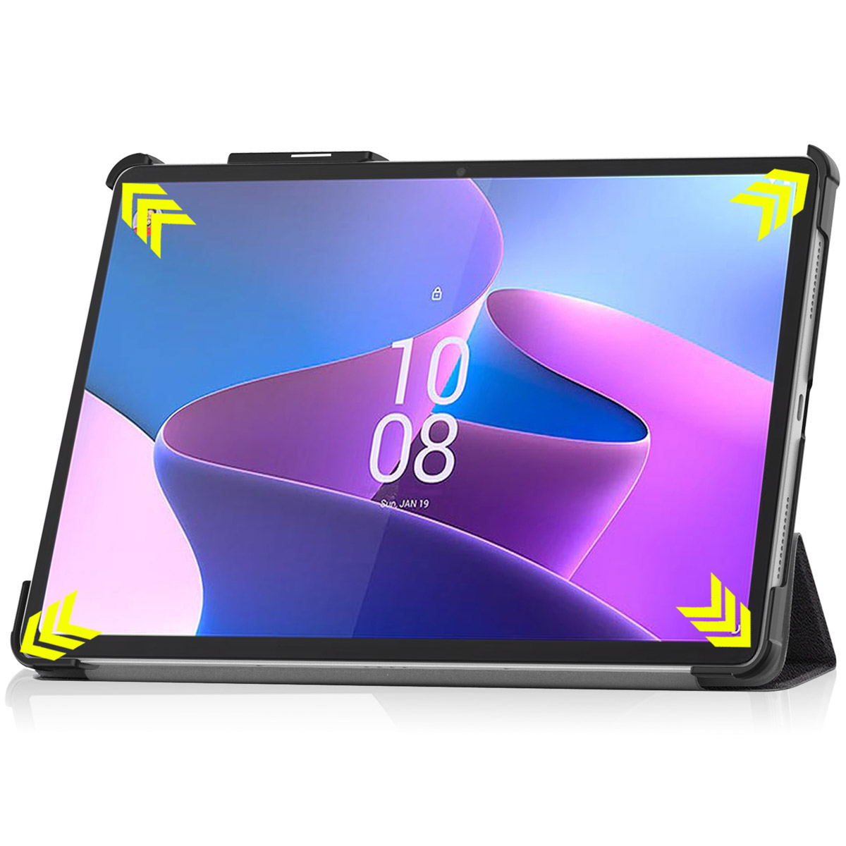 Tablet in a case, showing the display. Case corners have protection.