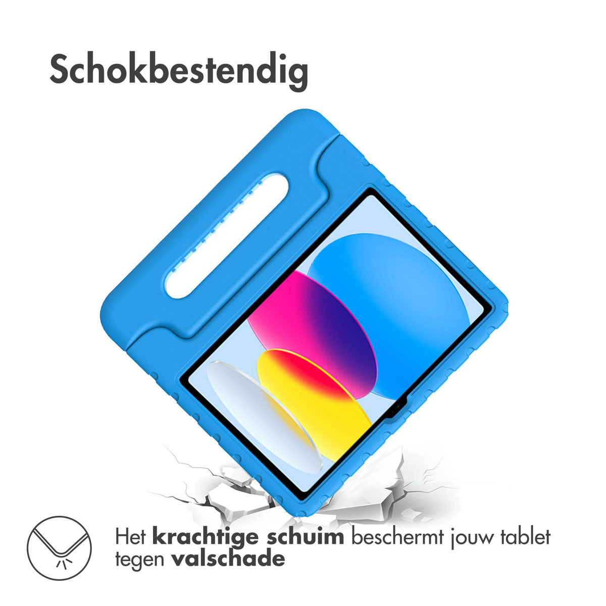 Blue shock-resistant tablet case angled, with tablet screen visible, and text above.