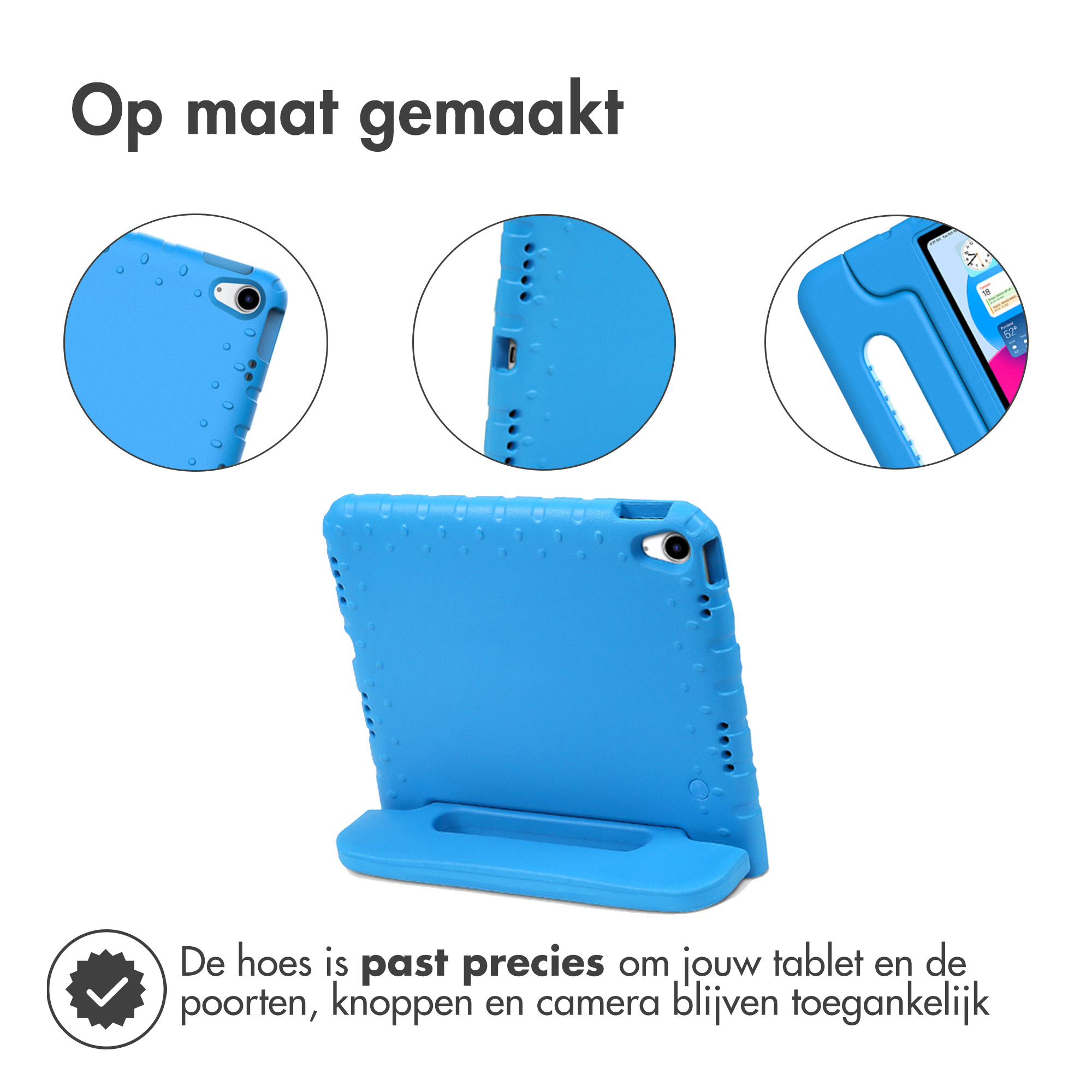 Blue tablet case. Side view, ports, and a stand. Features: side view, ports, and a stand.
