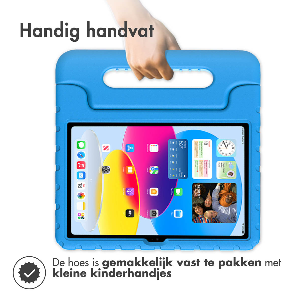 Blue tablet case with handle. Tablet screen shows app icons.