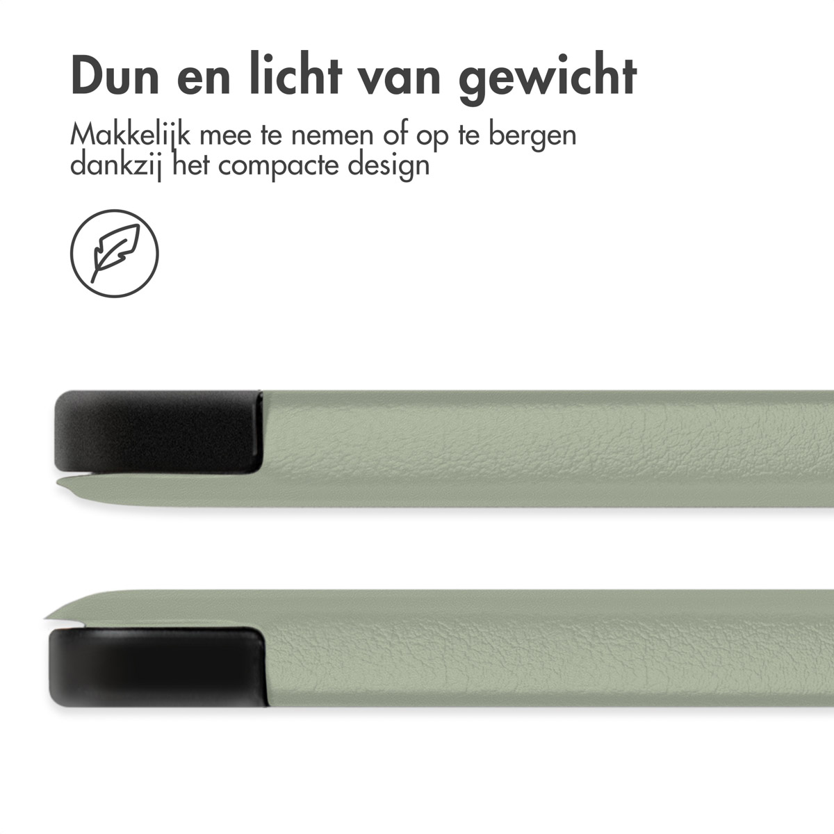 Close-up of a tablet case, showing the edge design. Text describes the product as thin and lightweight.