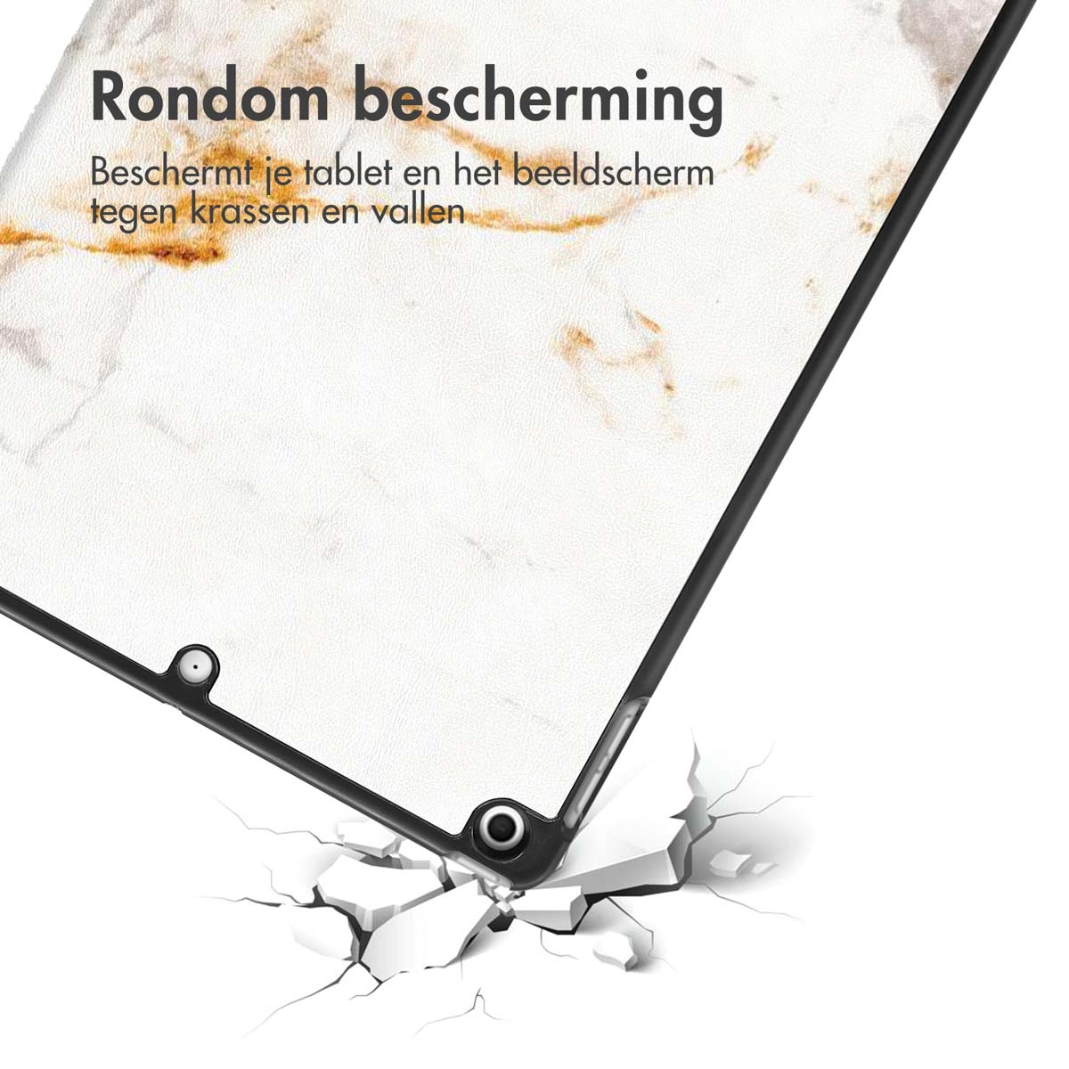 Tablet case with a white marble-like design, text, and impact cracks.
