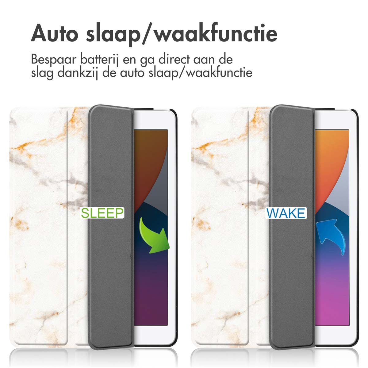 Tablet case showing auto sleep/wake function. Closed cover with marble design shows 'SLEEP'.