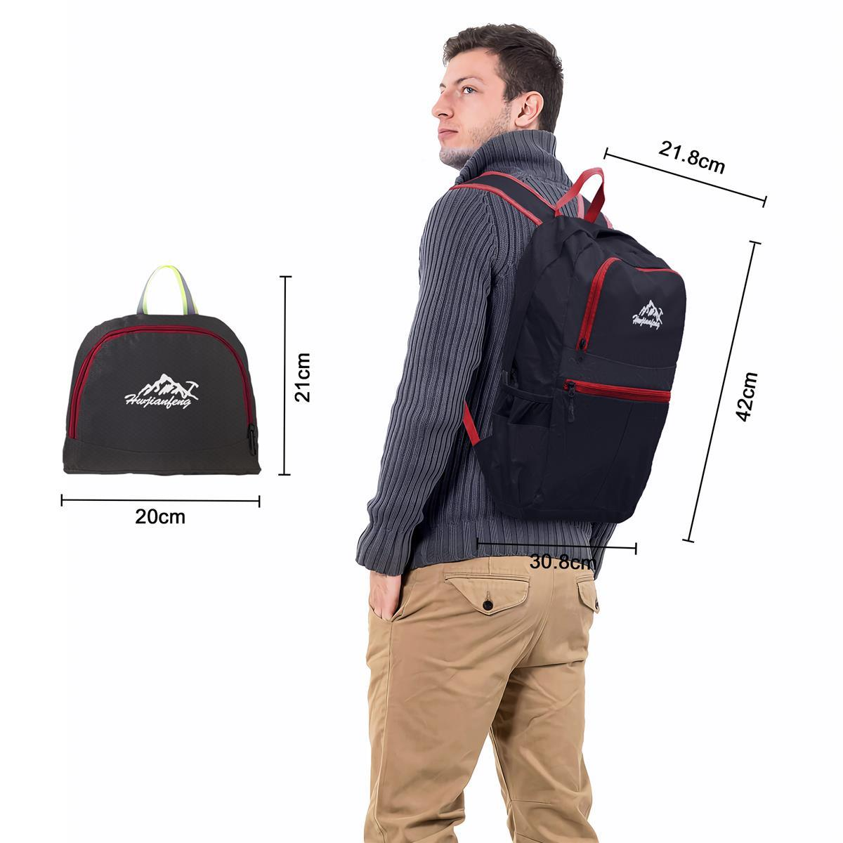 Mann mit Rucksack und Maßen, und ein separater Rucksack links.