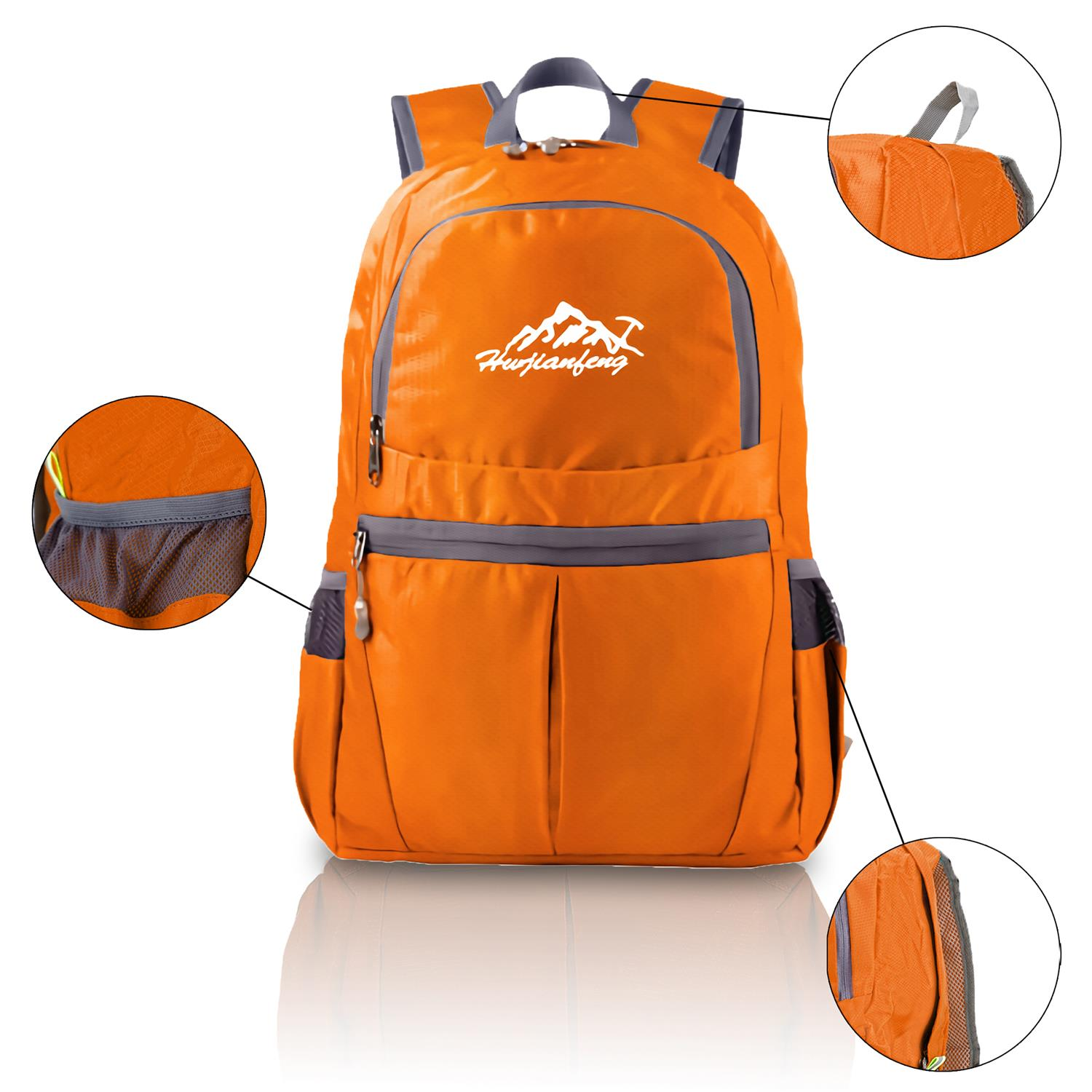 Oranger Rucksack mit Logo und Details. Merkmale umfassen Taschen und Träger, weißer Hintergrund.