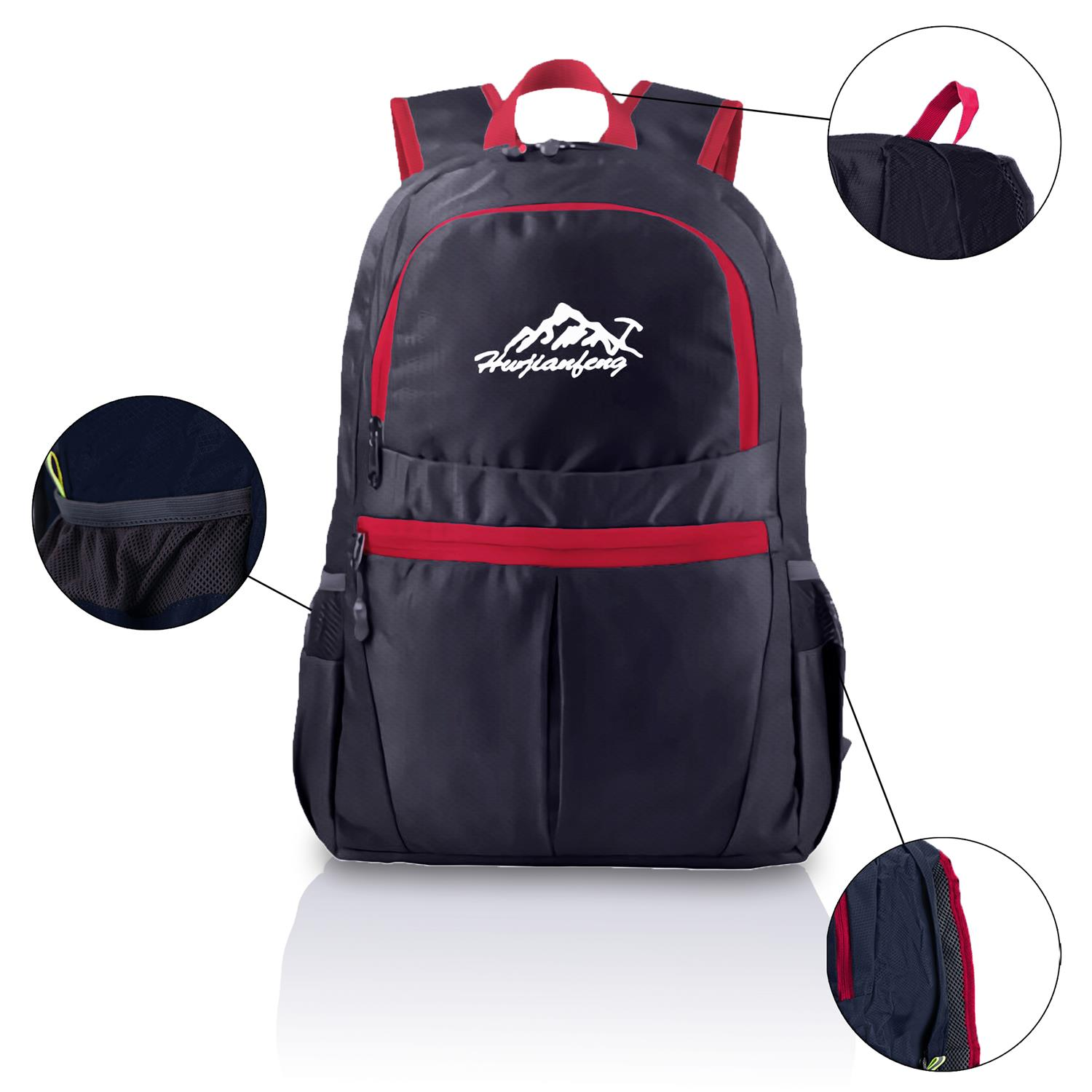 Schwarzer Rucksack mit roten Akzenten. Weißes Logo. Seitentaschen. Detailansichten.
