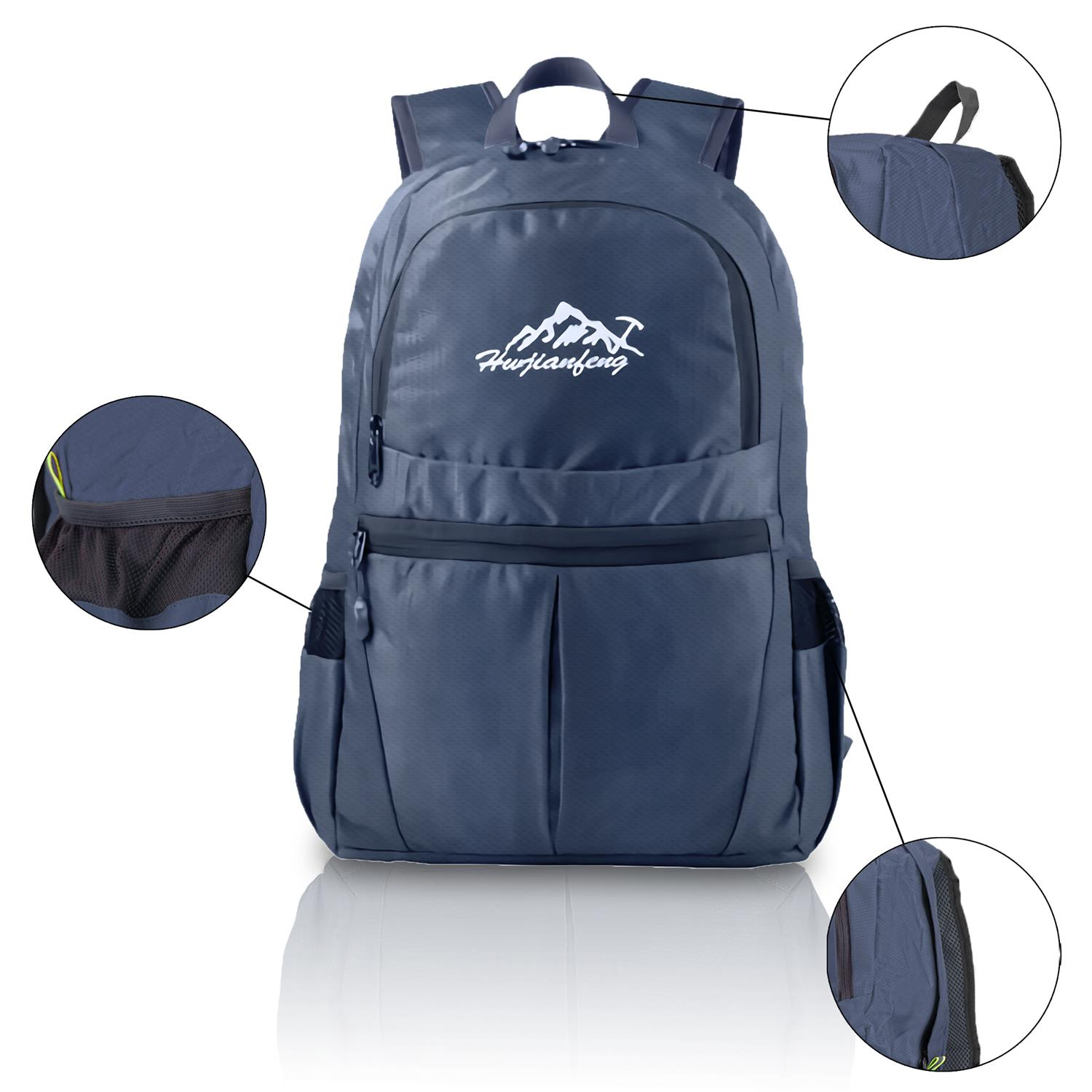 Ein blauer Rucksack mit weißem Logo und Details. Das Bild zeigt Seiten-, Rücken- und Taschendetails.