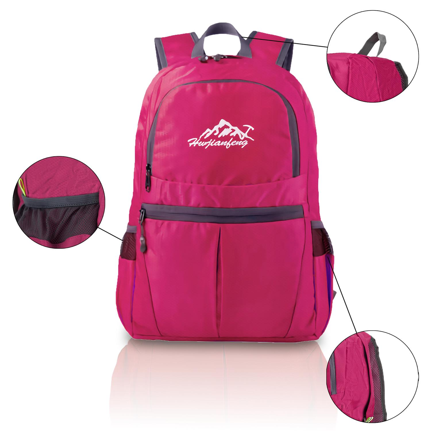 Ein pinkfarbener Rucksack mit weißem Logo und mehreren Taschen, mit Detailbildern der Taschen.
