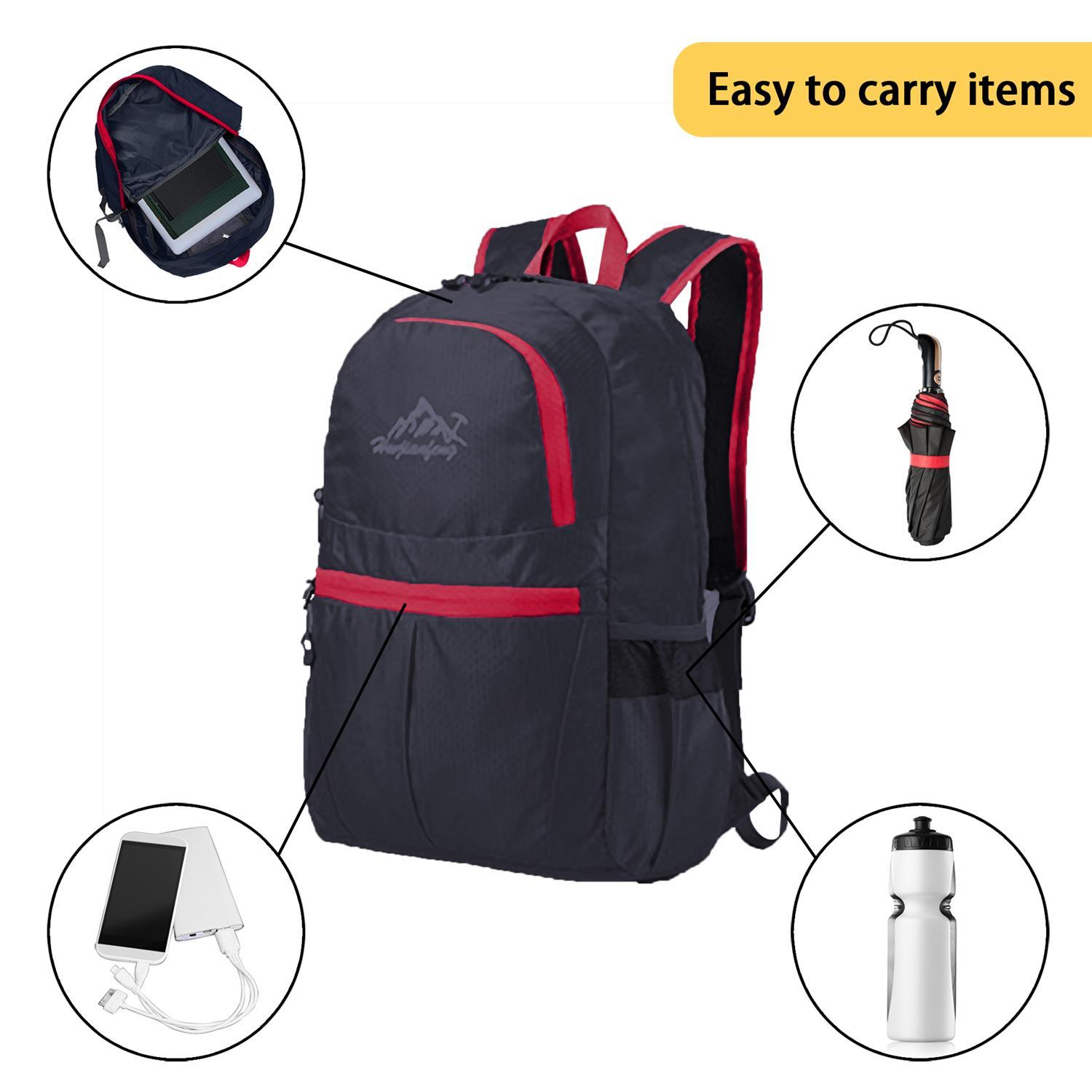 Schwarzer Rucksack mit roten Akzenten und Gegenständen: Tablet, Regenschirm, Wasserflasche und Ladegerät.