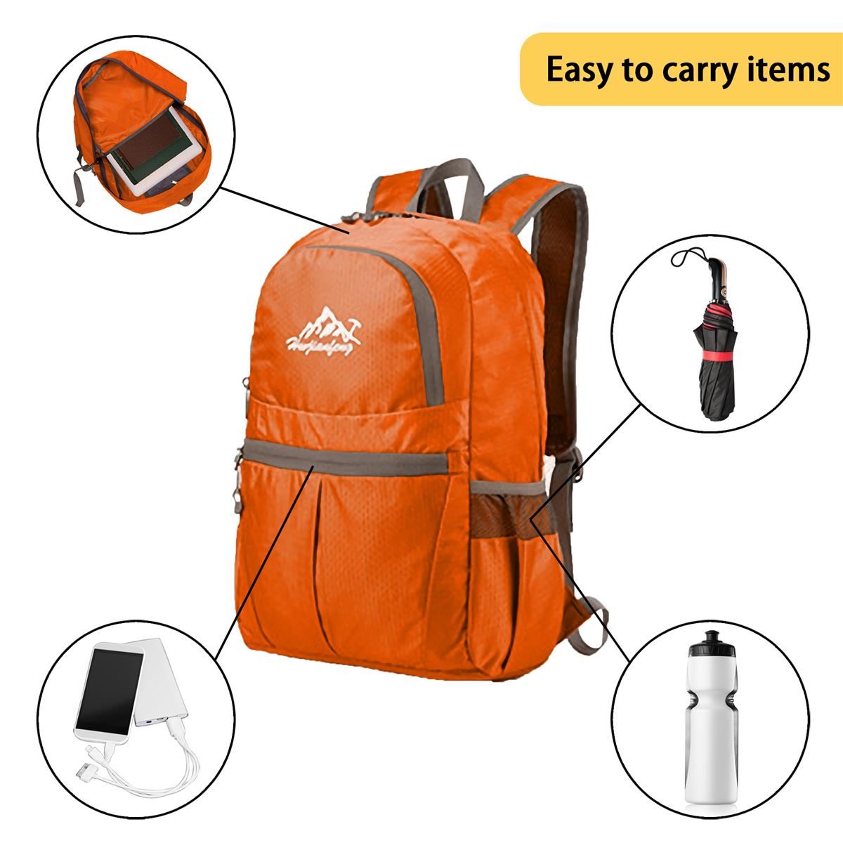 Oranger Rucksack mit angebrachten Gegenständen: Tablet, Regenschirm, Wasserflasche und Powerbank.