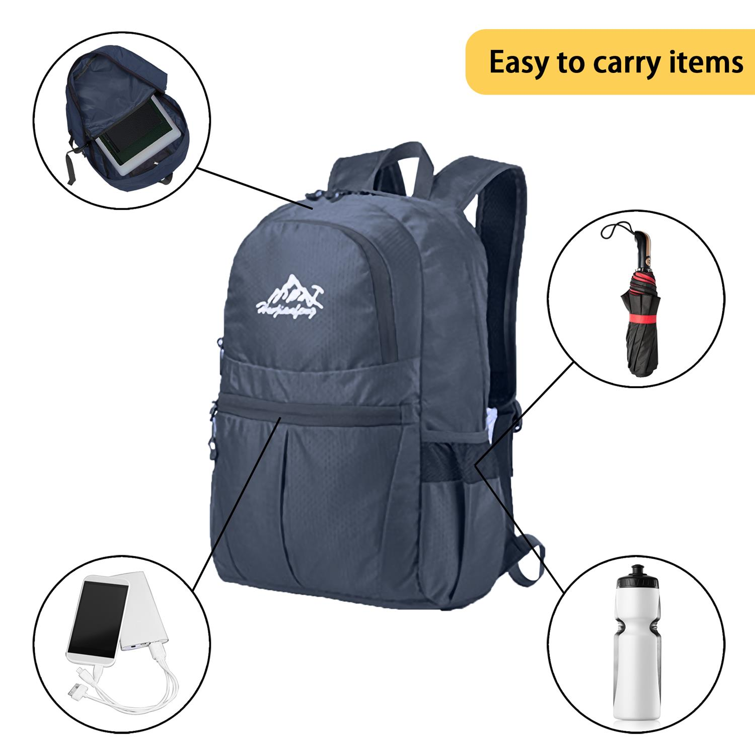 Marineblauer Rucksack mit beschrifteten Gegenständen: Tablet, Regenschirm, Wasserflasche und Powerbank.