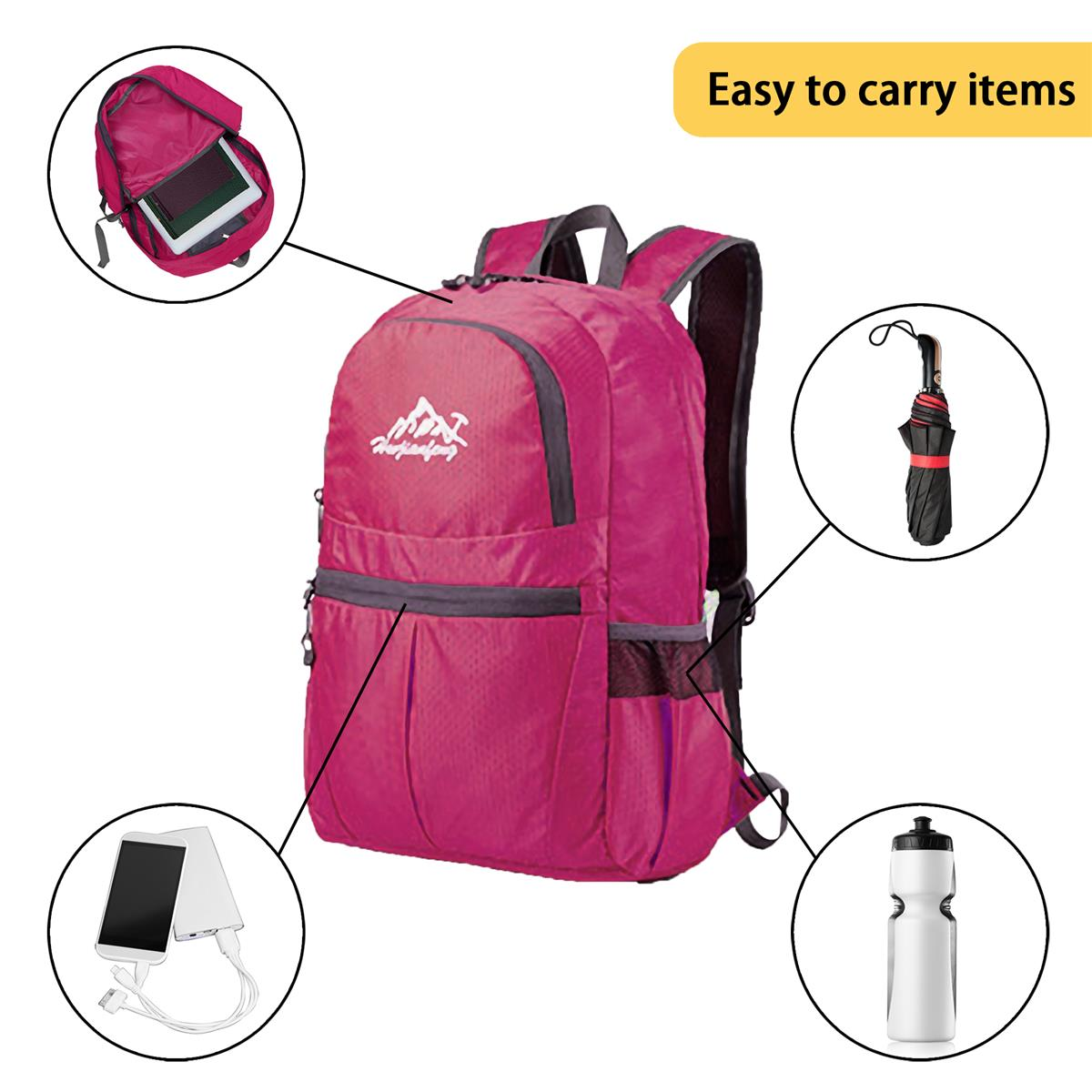 Ein pinker Rucksack mit Gegenständen außen, einschließlich Tablet und Wasserflasche.