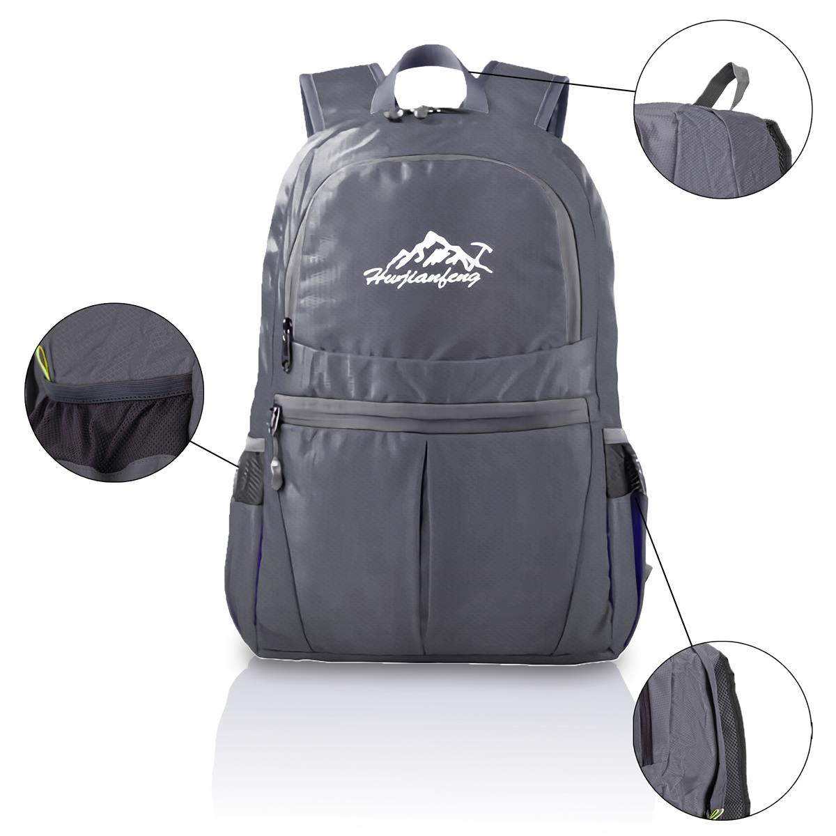 Ein grauer Rucksack mit weißem Berglogo und drei Detailansichten der Rucksackmerkmale.